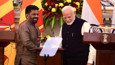Anura Kumara Dissanayake, (President of the Democratic Socialist Republic of Sri Lanka) with Prime Minister Narendra Modi during the joint statement after meeting at Hyderabad house in New Delhi. (Raj K Raj/HT) Anura Kumara Dissanayake, (President of the Democratic Socialist Republic of Sri Lanka) with Prime Minister Narendra Modi during the joint statement after meeting at Hyderabad house in New Delhi. (Raj K Raj/HT)