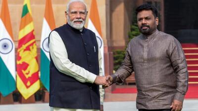 Sri Lanka’s President Anura Kumara Dissanayake and PM Narendra Modi shake hands during a photo opportunity ahead of their meeting at Hyderabad House on Monday (RAJ K RAJ /HT PHOTO) Sri Lanka’s President Anura Kumara Dissanayake and PM Narendra Modi shake hands during a photo opportunity ahead of their meeting at Hyderabad House on Monday (RAJ K RAJ /HT PHOTO)