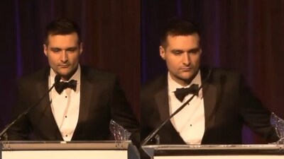 Trump advisor Alex Bruessewitz fell onstage during his address at the New York Young Republican Club gala (X) Trump advisor Alex Bruessewitz fell onstage during his address at the New York Young Republican Club gala (X)