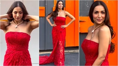 Malaika Arora dazzles in red gown and bold Bvlgari necklace in latest look. (Instagram) Malaika Arora dazzles in red gown and bold Bvlgari necklace in latest look. (Instagram)