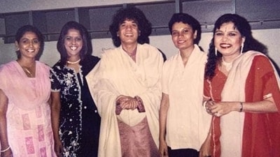 Singer Sadhana Sargam with table maestro Zakir Hussain backstage during the AR Rahman tour. Zakir Hussain died at a hospital in San Francisco due to complications arising out of idiopathic pulmonary fibrosis, his family said on Monday. Zakir Hussain was awarded the Padma Shri in 1988, Padma Bhushan in 2002 and Padma Vibhushan in 2023. Singer Sadhana Sargam with table maestro Zakir Hussain backstage during the AR Rahman tour. Zakir Hussain died at a hospital in San Francisco due to complications arising out of idiopathic pulmonary fibrosis, his family said on Monday. Zakir Hussain was awarded the Padma Shri in 1988, Padma Bhushan in 2002 and Padma Vibhushan in 2023. 