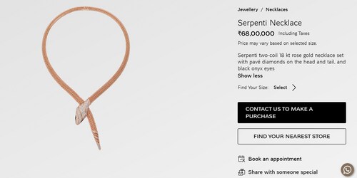 Malaika's necklace comes with a price tag of ₹68,00,000. (www.bulgari.com) Malaika's necklace comes with a price tag of ₹68,00,000. (www.bulgari.com)