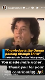 Kangana Ranaut shared an old video of Zakir on her Instagram Stories. Kangana Ranaut shared an old video of Zakir on her Instagram Stories.