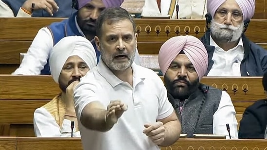 Lok Sabha LoP Rahul Gandhi speaks in the House during the Winter Session of the Parliament, in New Delhi on Saturday. (ANI)
