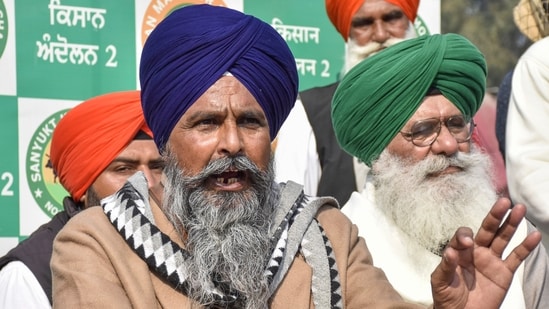 Farmer leader Sarwan Singh Pandher addresses a press conference at Shambhu border, in Patiala district, Punjab, (PTI)