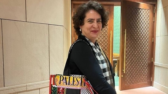 Congress general secretary Priyanka Vadra carries bag with 'Palestine' emblazoned on it during the Winter Session of Parliament. (Dr Shama Mohammed/X)