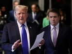 Former U.S. President Donald Trump, alongside his attorney Todd Blanche, speaks to the media as he arrives for his criminal trial for allegedly covering up hush money payments at Manhattan Criminal Court on May 30, 2024 in New York City.  
