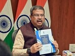Union minister of education Dharmendra Pradhan addresses a press conference at his residence in New Delhi on Tuesday. (ANI) Union minister of education Dharmendra Pradhan addresses a press conference at his residence in New Delhi on Tuesday. (ANI)