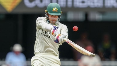 The hosts had resumed Monday at 405-7 and some big hitting by Starc and Alex Carey lifted Australia to 445. Carey was the final wicket to fall, holing out in the deep for an enterprising 70 off 88 balls — his ninth test half century. (AP) The hosts had resumed Monday at 405-7 and some big hitting by Starc and Alex Carey lifted Australia to 445. Carey was the final wicket to fall, holing out in the deep for an enterprising 70 off 88 balls — his ninth test half century. (AP)