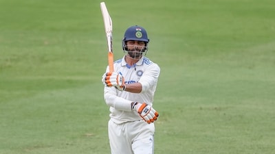 Ravindra Jadeja with his iconic bat swing celebration (AP) Ravindra Jadeja with his iconic bat swing celebration (AP)