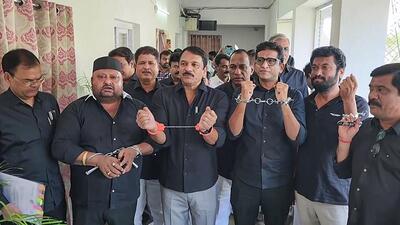 Bharat Rashtra Samithi (BRS) MLAs arrive at the Telangana Assembly wearing black clothes and handcuffs as a mark of protest demanding justice for the arrested Lagcherla farmers, in Hyderabad on Tuesday. (ANI) Bharat Rashtra Samithi (BRS) MLAs arrive at the Telangana Assembly wearing black clothes and handcuffs as a mark of protest demanding justice for the arrested Lagcherla farmers, in Hyderabad on Tuesday. (ANI)