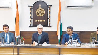 Haryana chief secretary Dr Vivek Joshi at the meeting with officials in Chandigarh on Tuesday.