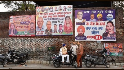Illegal hoardings put up on the walls of Arya College, Civil Lines, on Tuesday. (Manish/HT) Illegal hoardings put up on the walls of Arya College, Civil Lines, on Tuesday. (Manish/HT)