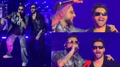 Karan Aujla was joined by Varun Dhawan last weekend during his It Was All A Dream tour Karan Aujla was joined by Varun Dhawan last weekend during his It Was All A Dream tour