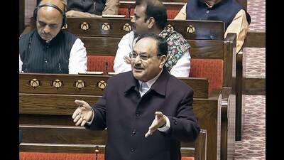 Leader of House in Rajya Sabha JP Nadda speaks during the discussion on the 'Glorious Journey of 75 Years of the Constitution of India in the ongoing Winter Session of the Parliament on Tuesday. (ANI PHOTO)