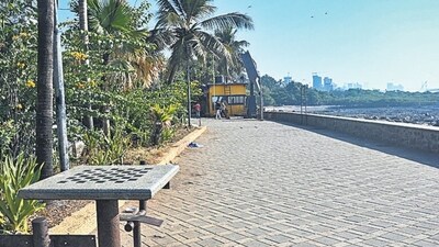 Mumbai, India. Dec 16, 2024: The space between Sachin Tendulkar's bat statue and chess tables at Carter Road in Bandra. Mumbai, India. Dec 16, 2024. (Photo by Raju Shinde/HT Photo) (Hindustan Times) Mumbai, India. Dec 16, 2024: The space between Sachin Tendulkar's bat statue and chess tables at Carter Road in Bandra. Mumbai, India. Dec 16, 2024. (Photo by Raju Shinde/HT Photo) (Hindustan Times)