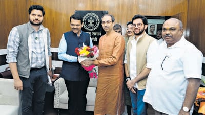 Nagpur, Dec 17 (ANI): Shiv Sena (UBT) leader Uddhav Thackeray meets Maharashtra Chief Minister Devendra Fadnavis, in Nagpur on Tuesday. Shiv Sena (UBT) leader Aaditya Thackeray and others also present. (ANI Photo) (DG-I&PR) Nagpur, Dec 17 (ANI): Shiv Sena (UBT) leader Uddhav Thackeray meets Maharashtra Chief Minister Devendra Fadnavis, in Nagpur on Tuesday. Shiv Sena (UBT) leader Aaditya Thackeray and others also present. (ANI Photo) (DG-I&PR)