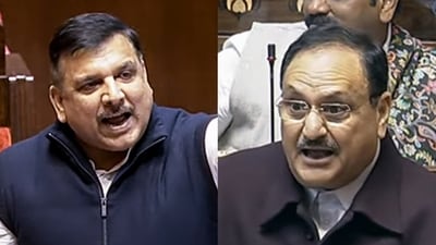 Aam Aadmi Party MP Sanjay Singh and Union minister JP Nadda. (Sansad TV/ANI) Aam Aadmi Party MP Sanjay Singh and Union minister JP Nadda. (Sansad TV/ANI)