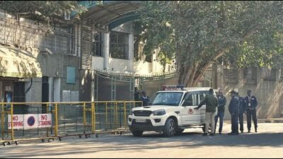 Security personnel outside Delhi Public School at R K Puram after a hoax bomb threat, on December 14. (Vipin Kumar/HT PHOTO) Security personnel outside Delhi Public School at R K Puram after a hoax bomb threat, on December 14. (Vipin Kumar/HT PHOTO)