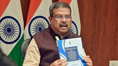 Union minister of education Dharmendra Pradhan addresses a press conference at his residence in New Delhi on Tuesday. (ANI) Union minister of education Dharmendra Pradhan addresses a press conference at his residence in New Delhi on Tuesday. (ANI)