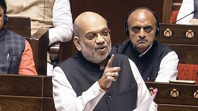 Union Home Minister Amit Shah speaks during the Constitution debate in Rajya Sabha, in New Delhi on Tuesday. (Sansad TV) Union Home Minister Amit Shah speaks during the Constitution debate in Rajya Sabha, in New Delhi on Tuesday. (Sansad TV)