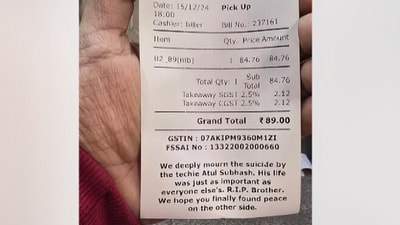 A Delhi restaurant printed a heartfelt tribute on a bill for Bengaluru techie Atul Subhash. (Reddit/hersmellonmypillow) A Delhi restaurant printed a heartfelt tribute on a bill for Bengaluru techie Atul Subhash. (Reddit/hersmellonmypillow)