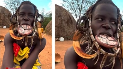 The Suri tribe bride's unconventional adornments include goat horns and lip plates. (Instagram/@Thepaktrekker ) The Suri tribe bride's unconventional adornments include goat horns and lip plates. (Instagram/@Thepaktrekker )