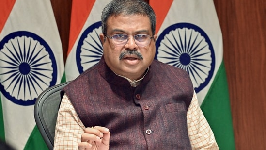 Union Minister of Education Dharmendra Pradhan addresses a press conference at his residence, in New Delhi on Tuesday. ((ANI Photo/Sanjay Sharma))