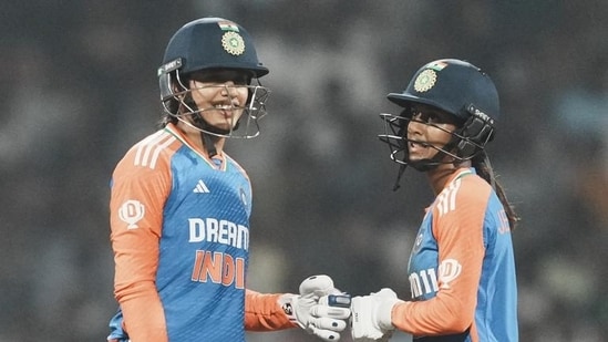 Smriti Mandhana and Jemimah Rodrigues during India’s first women’s T20I against West Indies at the DY Patil Stadium, Navi Mumbai on Sunday (PTI)