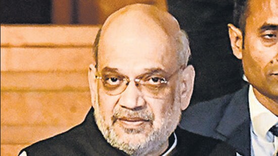 Union home minister Amit Shah coming out of Parliament after the Constitution debate in Rajya Sabha, in New Delhi on Tuesday. (ANI)