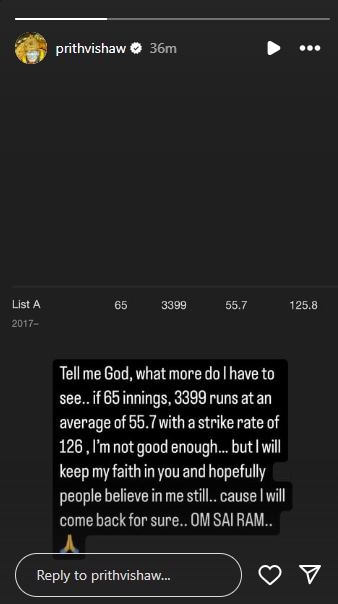 Prithvi Shaw Instagram Story