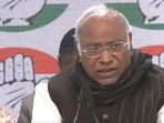 Congress president Mallikarjun Kharge speaks during a press conference at the AICC headquarters on Wednesday. Congress president Mallikarjun Kharge speaks during a press conference at the AICC headquarters on Wednesday.