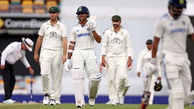 Yashasvi Jaiswal was more watchful in the first over of the second Indian innings than he was in the first. It all mattered little though as the umpires led the players off due to bad light after the first ball of Mitchell Starc's second over was bowled. (AFP) Yashasvi Jaiswal was more watchful in the first over of the second Indian innings than he was in the first. It all mattered little though as the umpires led the players off due to bad light after the first ball of Mitchell Starc's second over was bowled. (AFP)