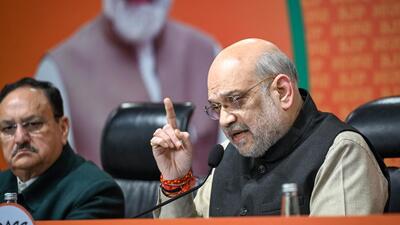 Home minister Amit Shah addresses a press conference at BJP headquarters in Delhi on Wednesday. (Sanchit Khanna/HT Photo) Home minister Amit Shah addresses a press conference at BJP headquarters in Delhi on Wednesday. (Sanchit Khanna/HT Photo)