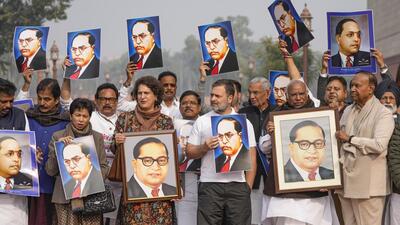Leader of Opposition in Lok Sabha Rahul Gandhi, Leader of Opposition in Rajya Sabha Mallikarjun Kharge and others during their protest in New Delhi on Wednesday. (PTI) Leader of Opposition in Lok Sabha Rahul Gandhi, Leader of Opposition in Rajya Sabha Mallikarjun Kharge and others during their protest in New Delhi on Wednesday. (PTI)