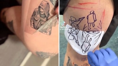 Pics of tattoos that people are getting related to Luigi Mangion and Brian Thompson's murder. (Screengrab (TikTok)) Pics of tattoos that people are getting related to Luigi Mangion and Brian Thompson's murder. (Screengrab (TikTok))
