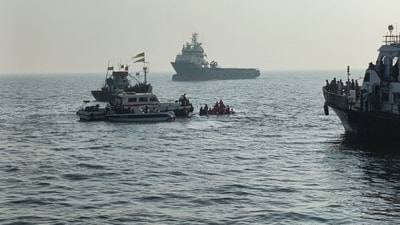 Rescue operations underway to evacuate passengers after a ferry boat they were travelling in capsized off Elephanta Islands near Mumbai. Rescue operations underway to evacuate passengers after a ferry boat they were travelling in capsized off Elephanta Islands near Mumbai.