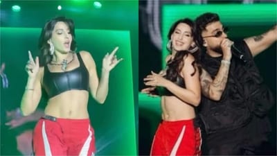 Nora Fatehi joins Karan Aujla on stage during his Delhi concert.