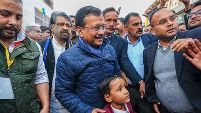 Former Delhi CM and AAP national convener Arvind Kejriwal with supporters during his padyatra in Badarpur area ahead of the Delhi Assembly elections, in New Delhi. (PTI) Former Delhi CM and AAP national convener Arvind Kejriwal with supporters during his padyatra in Badarpur area ahead of the Delhi Assembly elections, in New Delhi. (PTI)