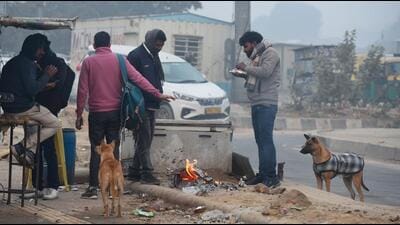 People standing around bonfires to protect themselves from the cold on a winter foggy morning on NH-48 near Rajiv Chowk, in Gurugram on Wednesday. (Parveen Kumar/Hindustan Times)