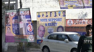 Posters and hoardings installed amid electioneering on a wall in Ludhiana. (Gurpreet Singh/HT) Posters and hoardings installed amid electioneering on a wall in Ludhiana. (Gurpreet Singh/HT)