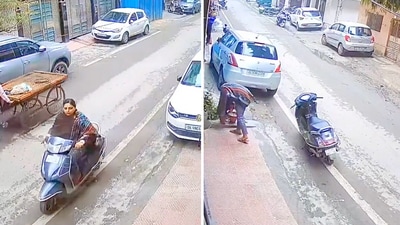 The woman was caught on CCTV lifting a small potted plant from outside a house. (X/@gharkekalesh) The woman was caught on CCTV lifting a small potted plant from outside a house. (X/@gharkekalesh)