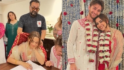 Anurag Kashyap fixes daughter Aaliyah Kashyap's dupatta as she registers her marriage with Shane Gregoire. (Instagram) Anurag Kashyap fixes daughter Aaliyah Kashyap's dupatta as she registers her marriage with Shane Gregoire. (Instagram)