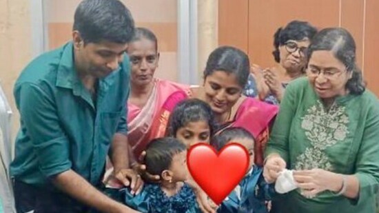 The image shows the twins with their family at a Chennai hospital. (X/@supriyasahuias)