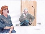 FILE - This courtroom sketch by Valentin Pasquier shows Gisele Pelicot, left, and her ex-husband Dominique Pelicot, right, during his trial. FILE - This courtroom sketch by Valentin Pasquier shows Gisele Pelicot, left, and her ex-husband Dominique Pelicot, right, during his trial.