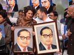LoP in the Lok Sabha Rahul Gandhi and Congress MP Priyanka Gandhi Vadra take part in a protest of opposition MPs demanding Union Home Minister Amit Shah's apology for his remarks which they claimed were an insult to B.R. Ambedkar, during the Winter session of Parliament, in New Delhi, 