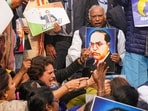 LoP in the Rajya Sabha and Congress MP Mallikarjun Kharge with party MP Priyanka Gandhi Vadra and other INDIA bloc members during a protest in Parliament premises. LoP in the Rajya Sabha and Congress MP Mallikarjun Kharge with party MP Priyanka Gandhi Vadra and other INDIA bloc members during a protest in Parliament premises.