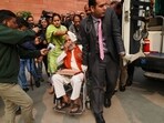 New Delhi: BJP MP Pratap Chandra Sarangi on a wheelchair being taken to a hospital after he got injured in clashes between INDIA Bloc and NDA MPs during a protest, at Parliament conplex, in New Delhi. New Delhi: BJP MP Pratap Chandra Sarangi on a wheelchair being taken to a hospital after he got injured in clashes between INDIA Bloc and NDA MPs during a protest, at Parliament conplex, in New Delhi.