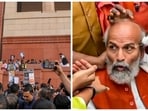L: Opposition MPs protesting on Makar Dwar of Parliament | R: BJP MP Pratap Chandra Sarangi injured allegedly after a push by Rahul Gandhi L: Opposition MPs protesting on Makar Dwar of Parliament | R: BJP MP Pratap Chandra Sarangi injured allegedly after a push by Rahul Gandhi