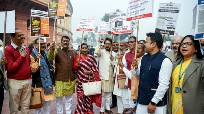BJP MP Anurag Thakur and other MPs stage a protest alleging that the Congress party has insulted Babasaheb Ambedkar, at the Parliament House in New Delhi. (ANI) BJP MP Anurag Thakur and other MPs stage a protest alleging that the Congress party has insulted Babasaheb Ambedkar, at the Parliament House in New Delhi. (ANI)